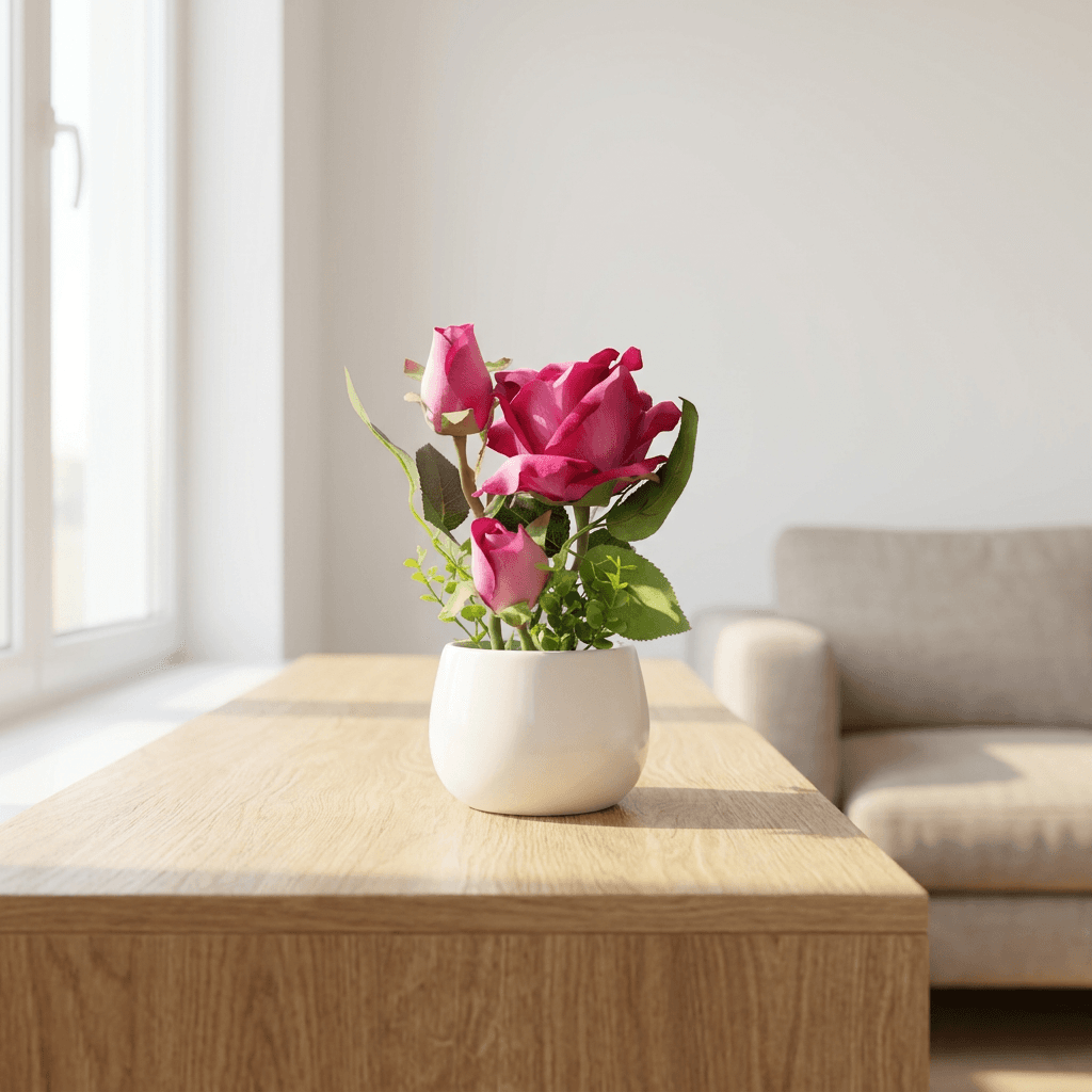 Rosa decorativa con vaso ceramica